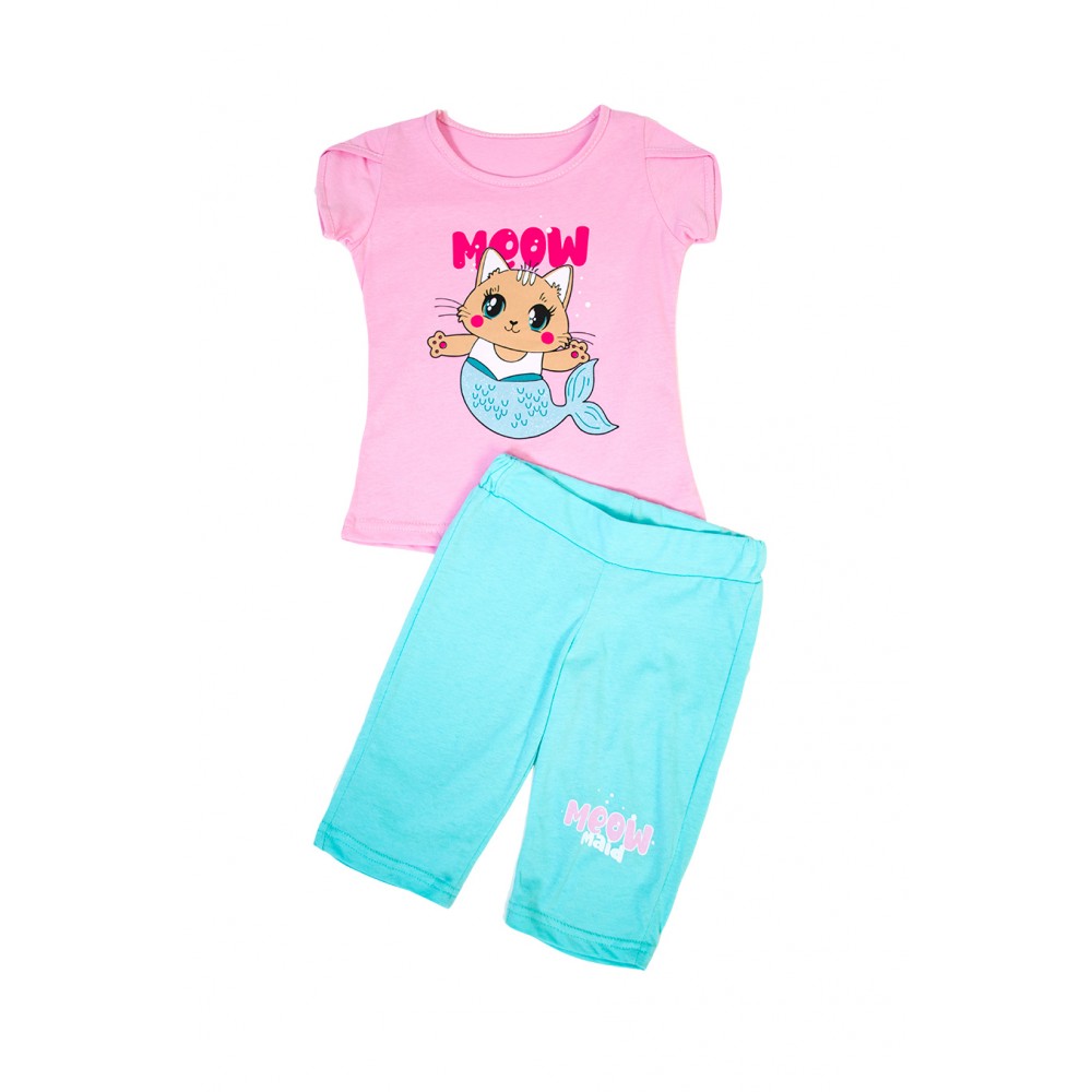 Костюм летний для девочки футболка и шорты детский КМ-1453 розовый-котик 